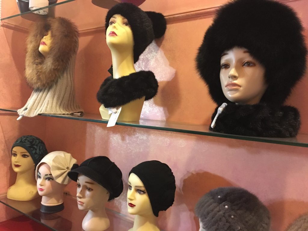 Fur hats on display at the Paris Moda store in Brighton Beach