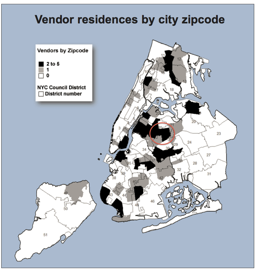 From a 2006 report conducted by Street Vendor Project. Elmhurst in the lower part of District 25.